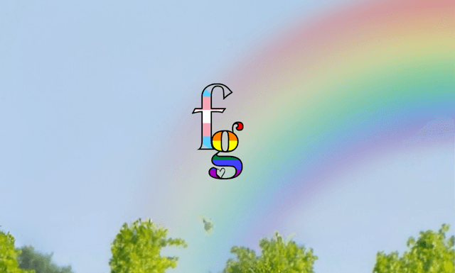 Logo flo gournay : f aux couleurs de la transidentité et g aux couleurs du drapeaux LGBT